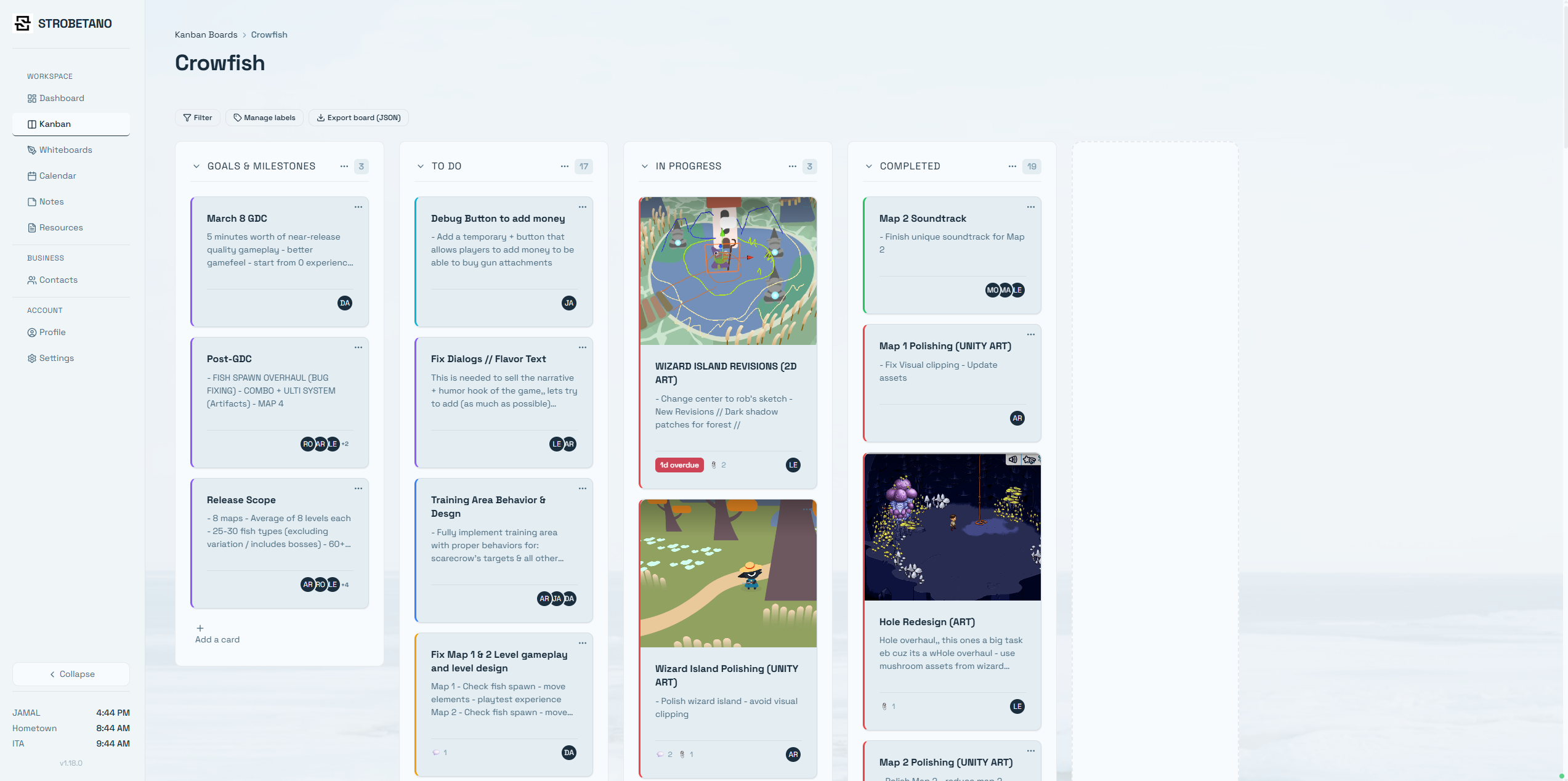 Kanban board with task cards, labels, and status columns